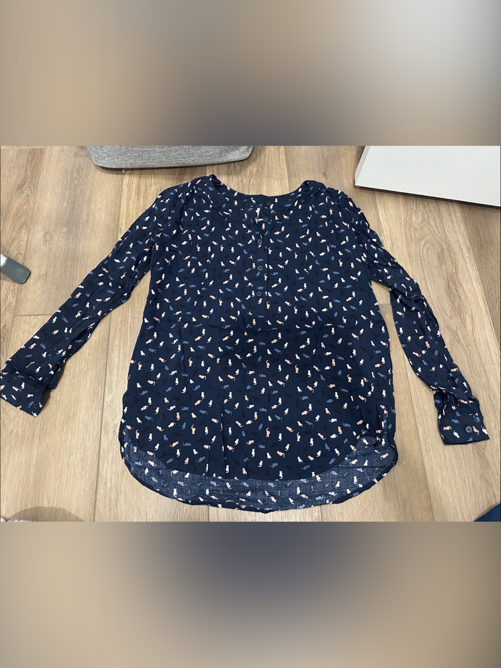 LOFT Navy Cat Printed Long-Sleeve Women's Blouse